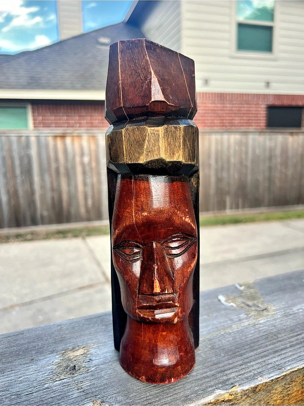 Vintage Jamaican Hand-Carved Wooden Totem Head Sculpture Brown